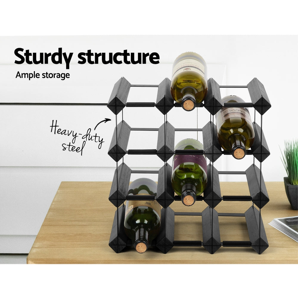 12 Bottle Wine Rack Wooden Wall Storage Cellar Organizer - Black Homecoze