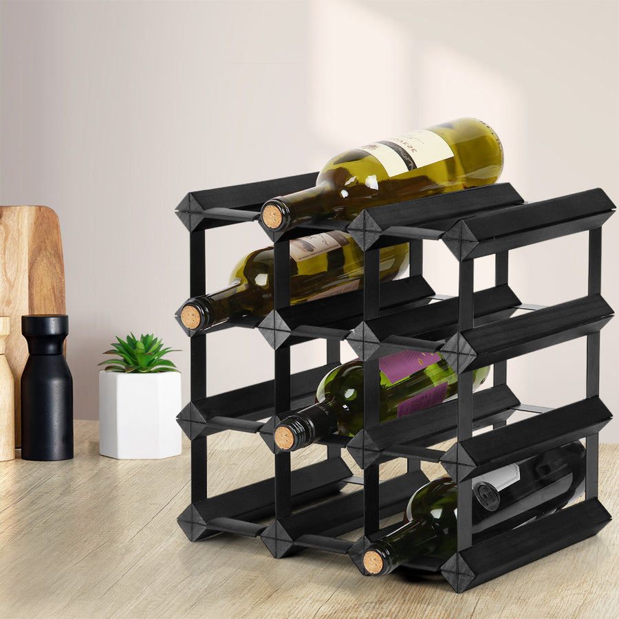 12 Bottle Wine Rack Wooden Wall Storage Cellar Organizer - Black Homecoze