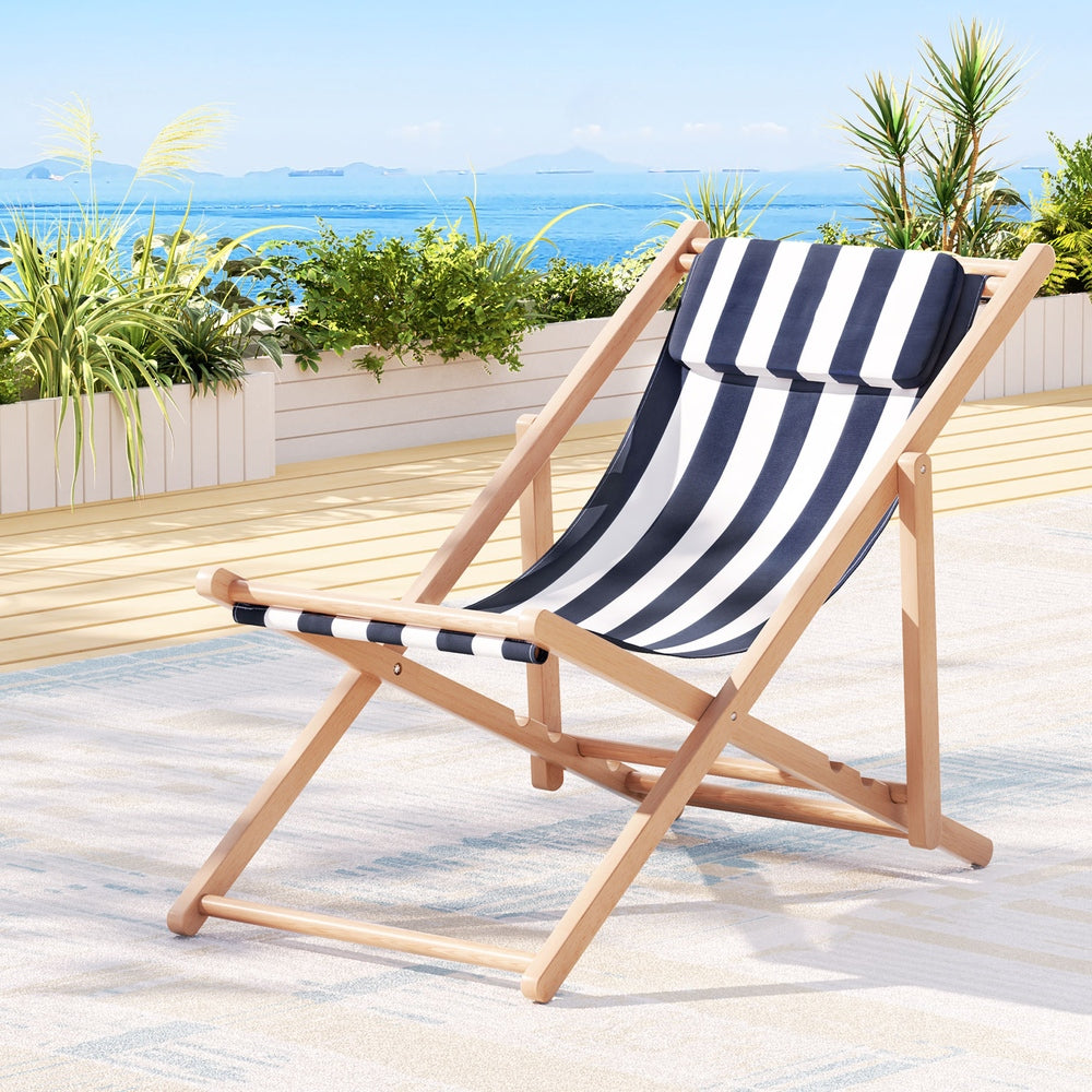 Folding Wooden Beach Chair - Blue & White