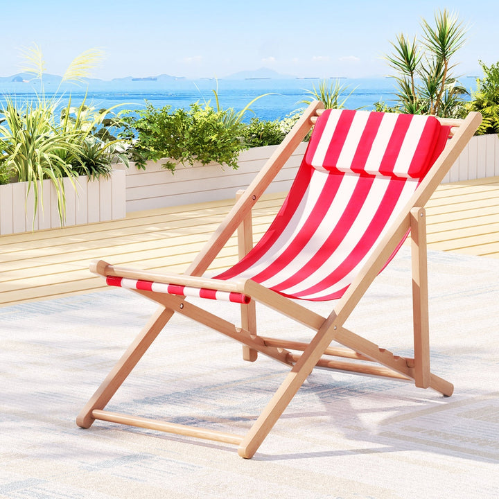 Folding Wooden Beach Chair - Red & White