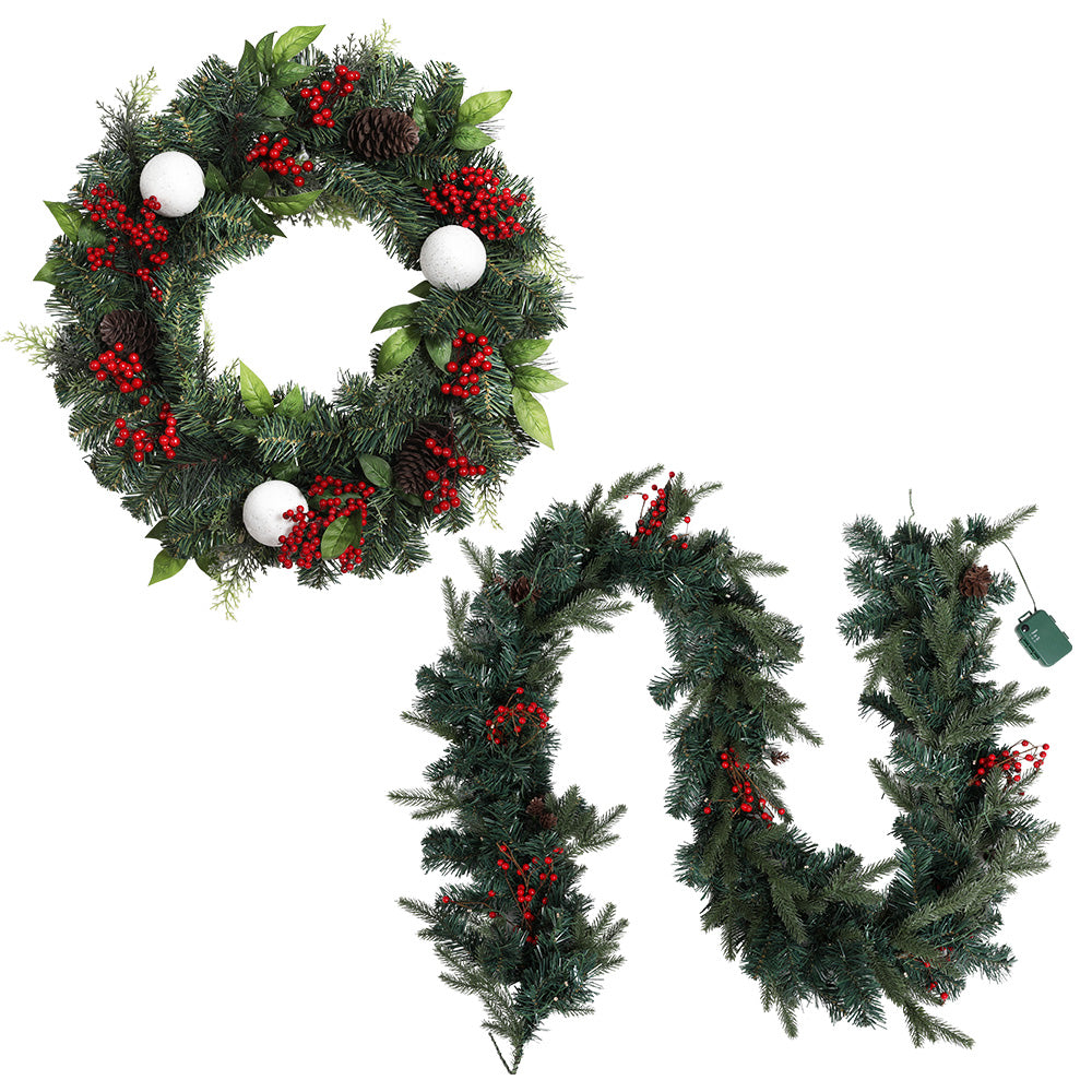 60cm Decorated Christmas Wreath and 8FT Garland Set Homecoze