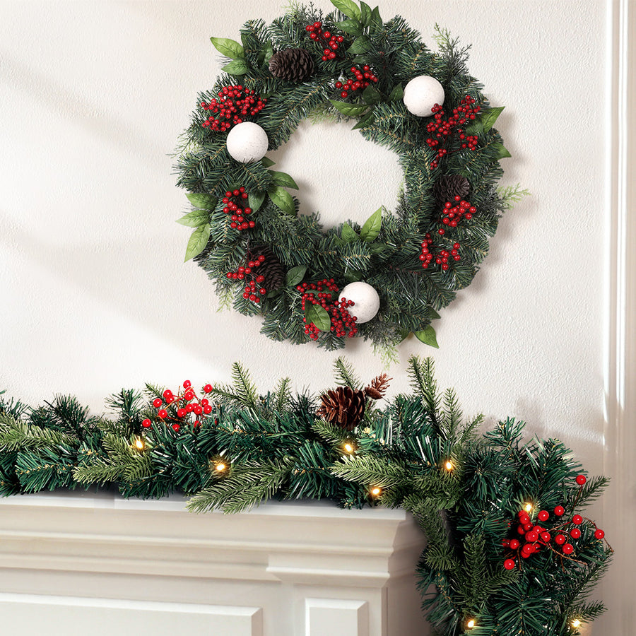 60cm Decorated Christmas Wreath and 8FT Garland Set Homecoze
