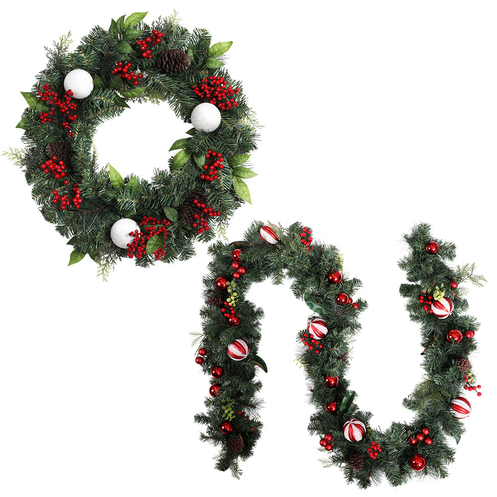 60cm Decorated Christmas Wreath and 9FT Garland Set Homecoze