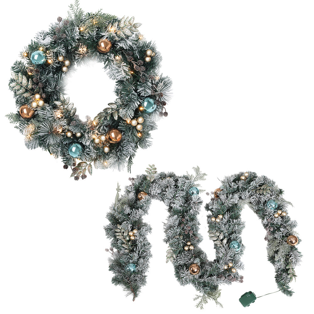 60cm Light Snow Decorated Christmas Wreath and 9FT Garland Set Homecoze
