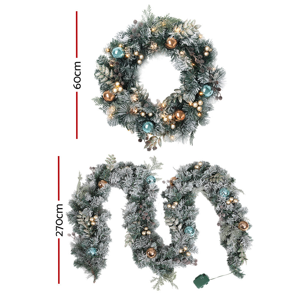 60cm Light Snow Decorated Christmas Wreath and 9FT Garland Set Homecoze