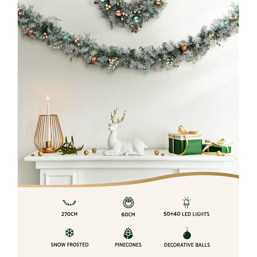 60cm Light Snow Decorated Christmas Wreath and 9FT Garland Set Homecoze