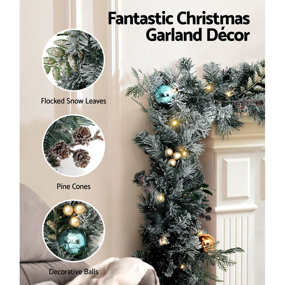 60cm Light Snow Decorated Christmas Wreath and 9FT Garland Set Homecoze