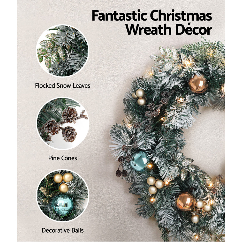 60cm Light Snow Decorated Christmas Wreath and 9FT Garland Set Homecoze