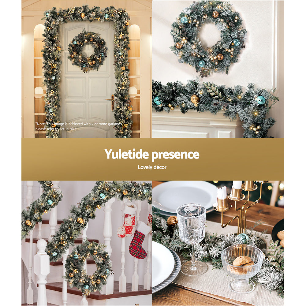 60cm Light Snow Decorated Christmas Wreath and 9FT Garland Set Homecoze