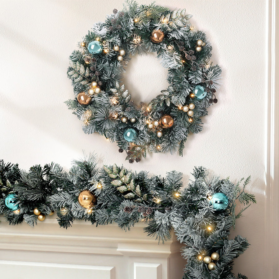 60cm Light Snow Decorated Christmas Wreath and 9FT Garland Set Homecoze