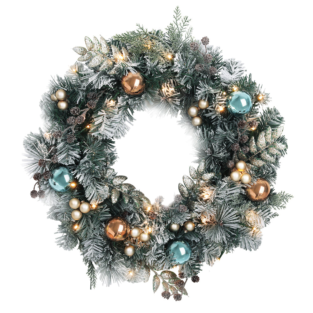 60cm Light Snow Flocked Decorated Christmas Wreath with LED Battery Lights Homecoze