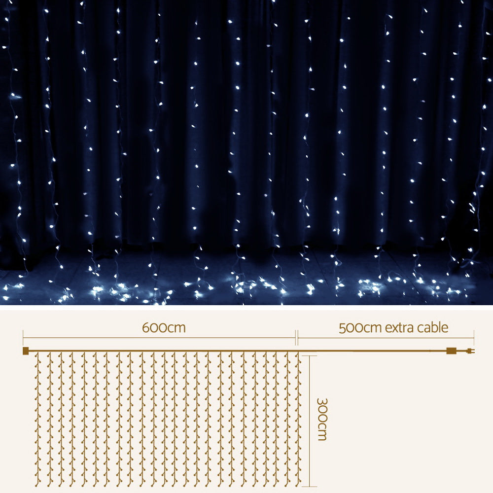 6m X 3m Christmas Curtain Fairy Lights String 600 LED - Cold White Homecoze