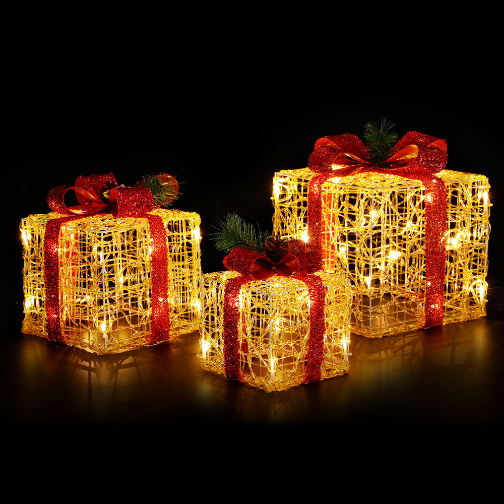 3 Piece Christmas Present Gift Boxes Set 3D Frame Motif LED Decoration Homecoze