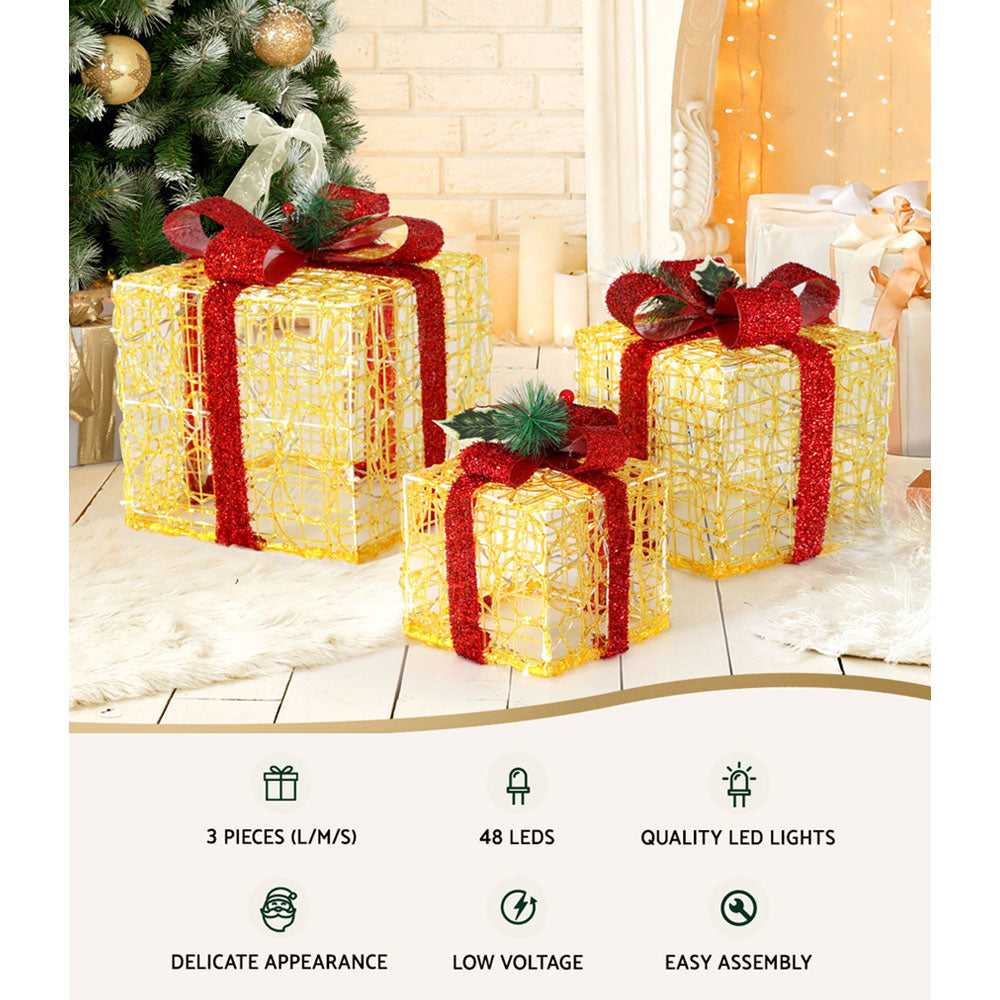 3 Piece Christmas Present Gift Boxes Set 3D Frame Motif LED Decoration Homecoze