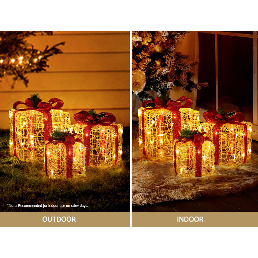 3 Piece Christmas Present Gift Boxes Set 3D Frame Motif LED Decoration Homecoze