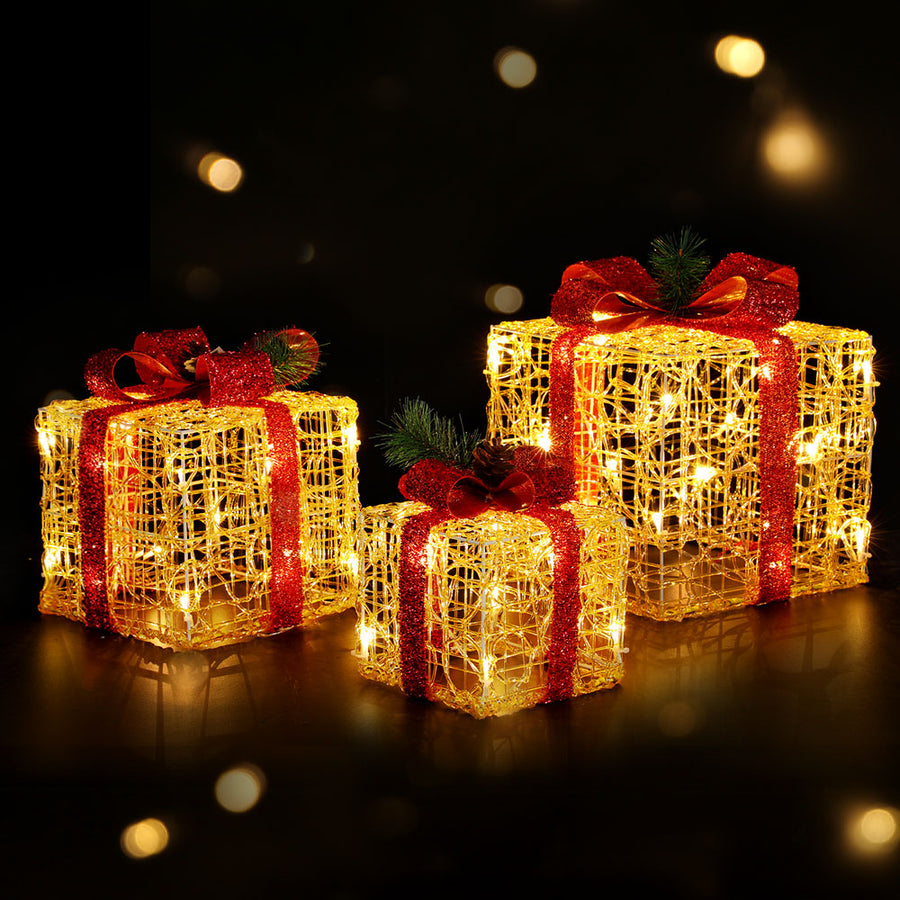 3 Piece Christmas Present Gift Boxes Set 3D Frame Motif LED Decoration Homecoze