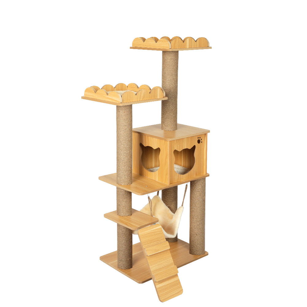 Wooden Cat Tree Scratching Post Muilti-level Cat Condo House 132cm Homecoze
