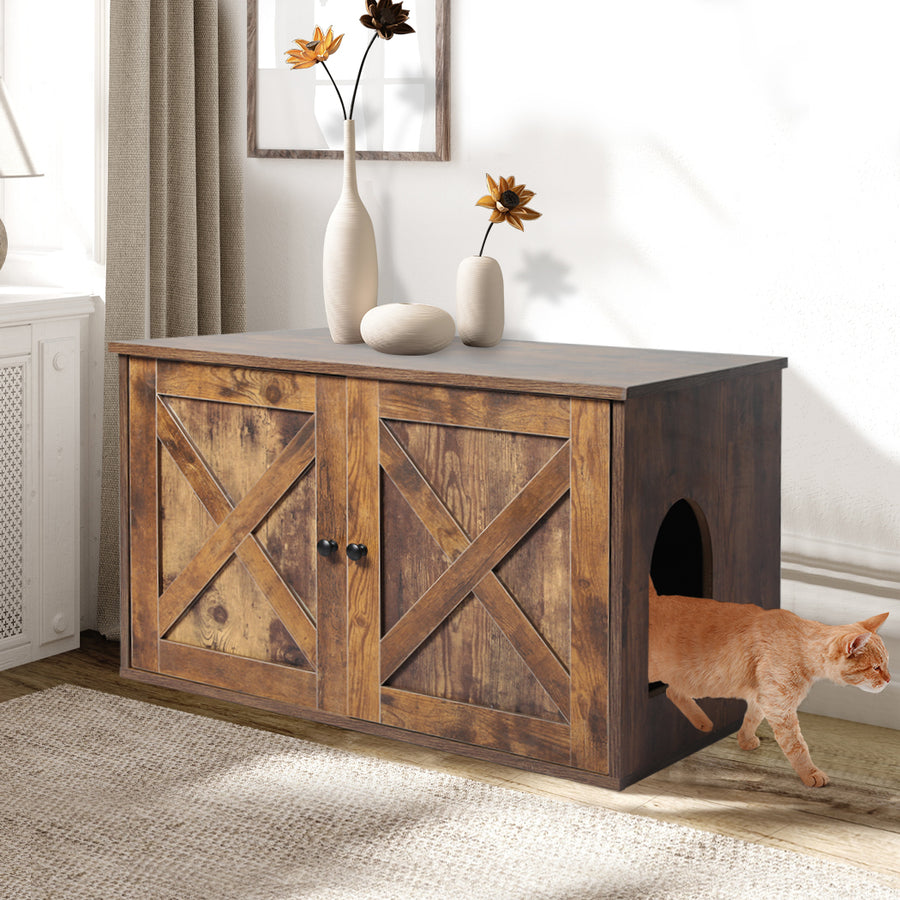 Enclosed Litter Box or Pet House Side Table - Barn Style Rustic Brown Homecoze