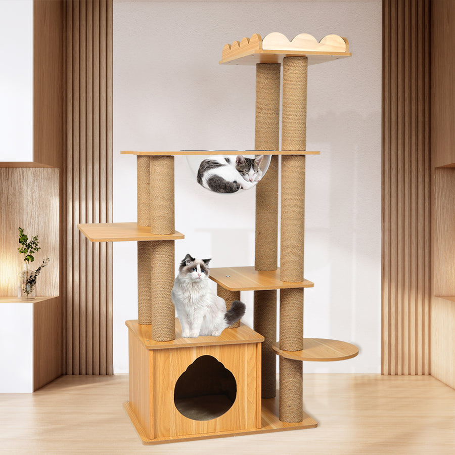 Wooden Cat Tree Scratching Post Muilti-level Cat Condo with Clear Cat Bowl 130cm Homecoze