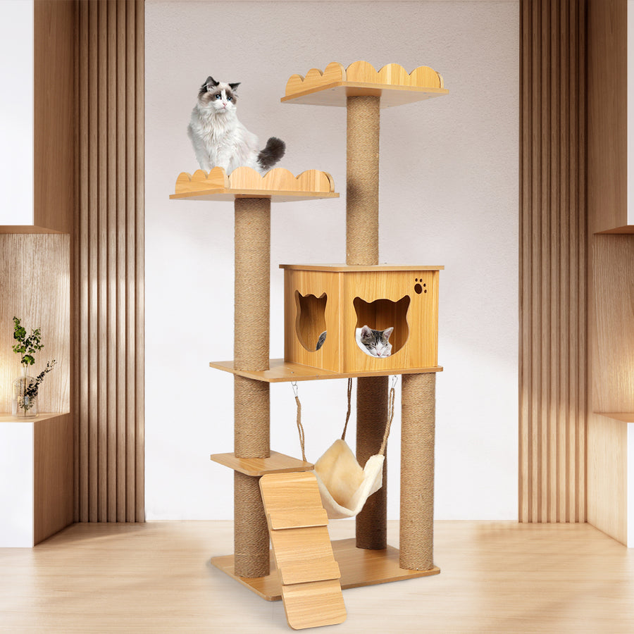 Wooden Cat Tree Scratching Post Muilti-level Cat Condo House 132cm Homecoze