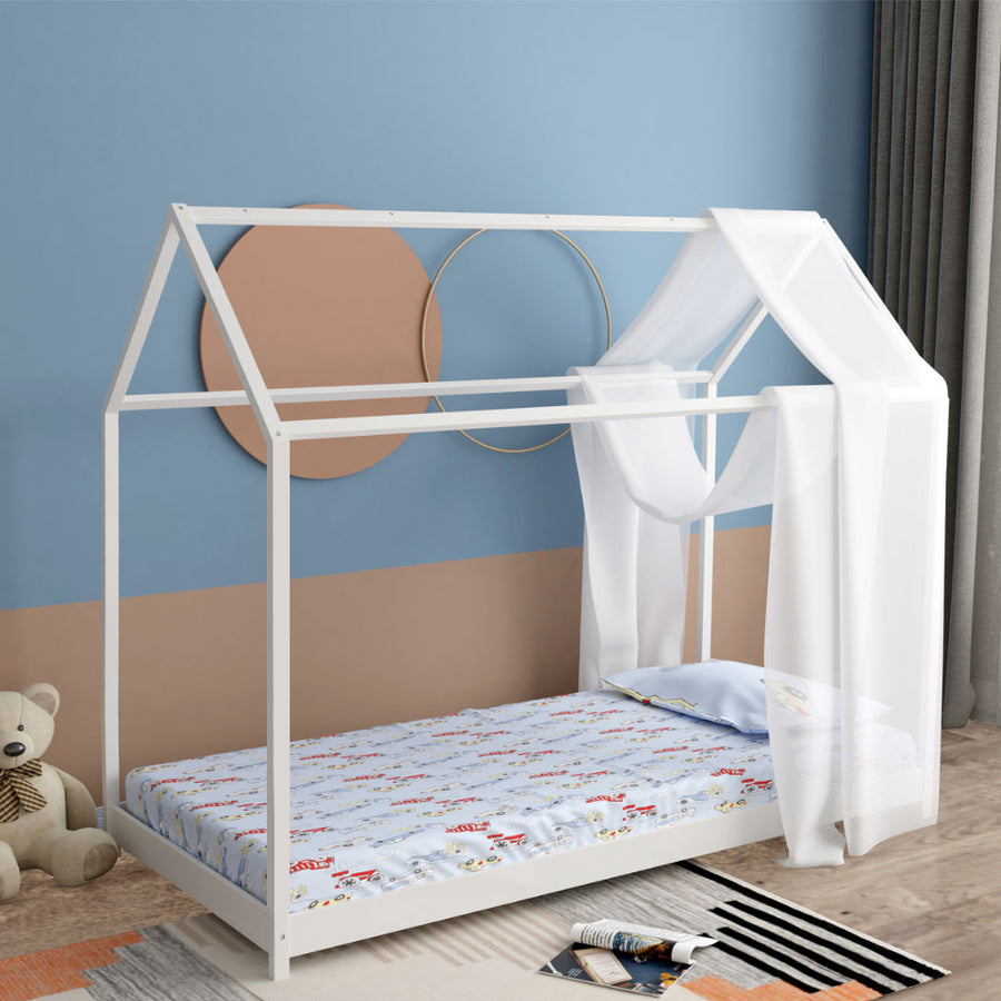 Kids Wooden House Single Bed Frame Montessori Bed - White Homecoze