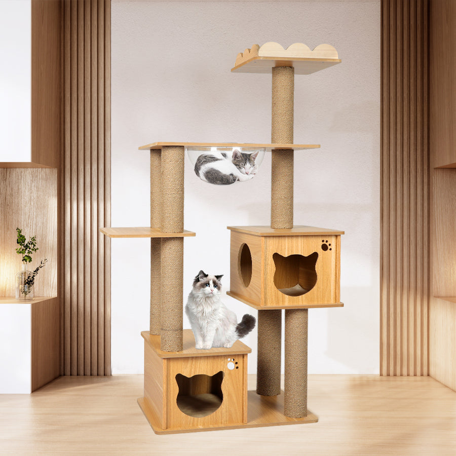 Wooden Cat Tree Scratching Post Muilti-level Cat Condo with Clear Cat Bowl 138cm Homecoze