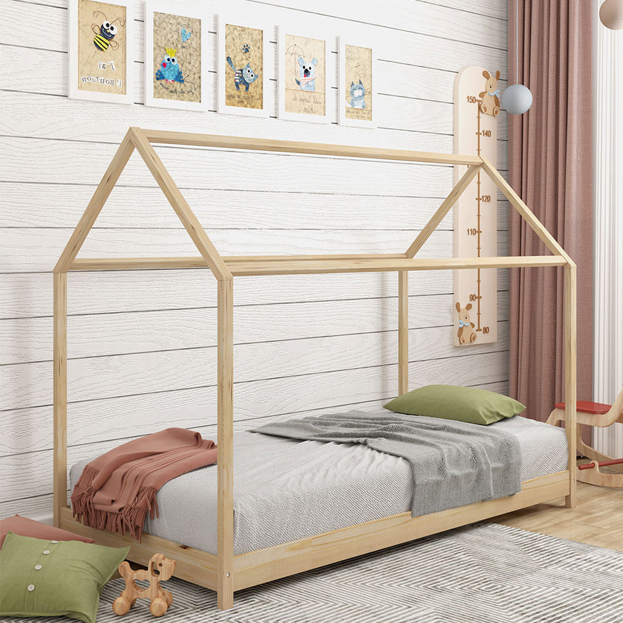 Kids Wooden House Single Bed Frame Montessori Bed - Natural Homecoze