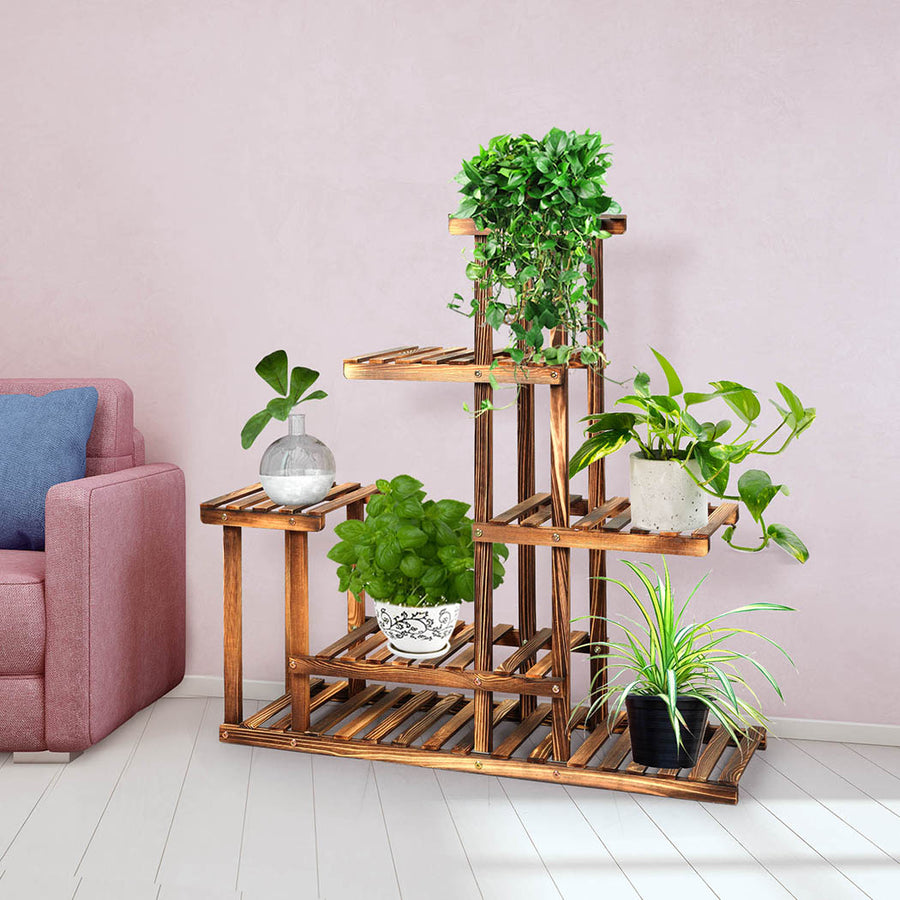 5-Tier Plant Stand Carbonized Pine Wood Flower Pot Garden Shelf Homecoze