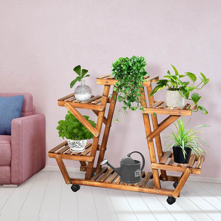 4-Tier Plant Stand Carbonized Pine Wood Flower Pot Garden Shelf with Wheels Homecoze