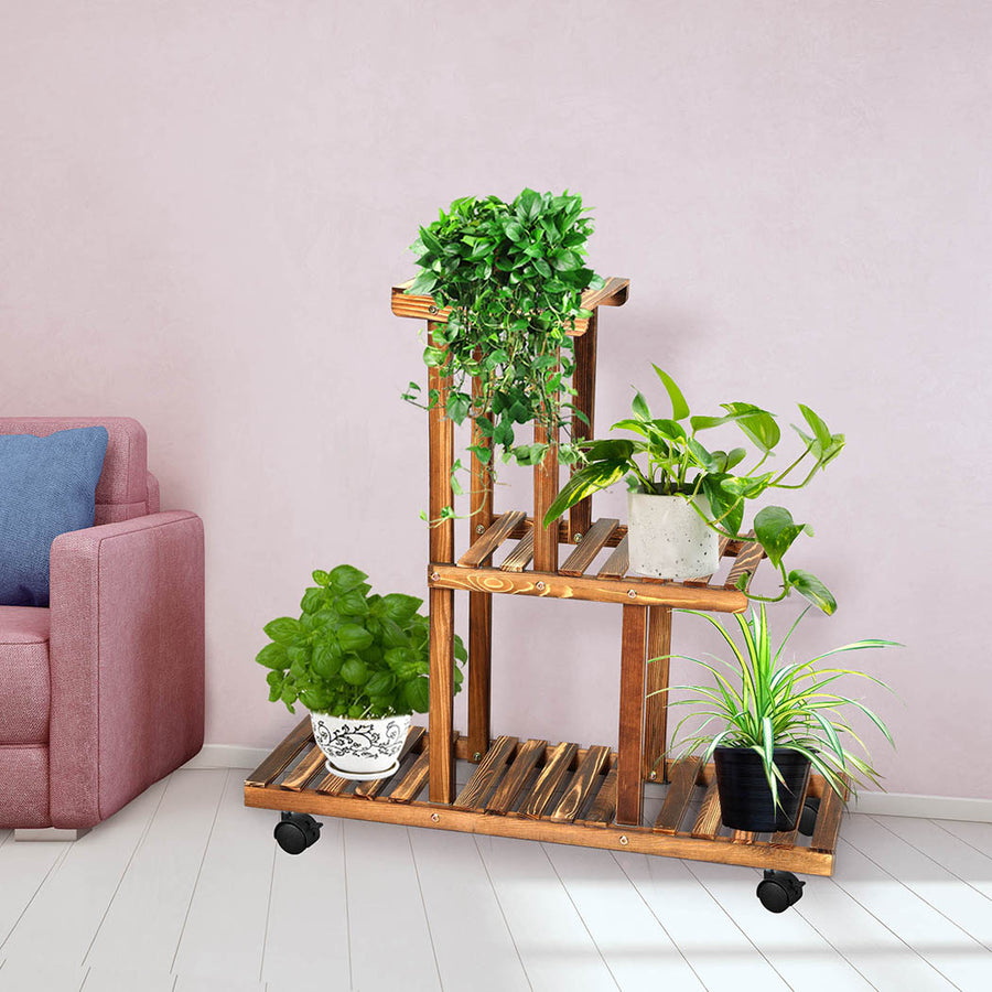 3-Tier Plant Stand Carbonized Pine Wood Flower Pot Garden Shelf with Wheels Homecoze