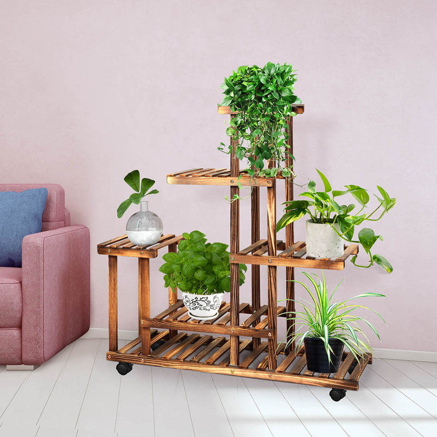 5-Tier Plant Stand Carbonized Pine Wood Flower Pot Garden Shelf with Wheels Homecoze
