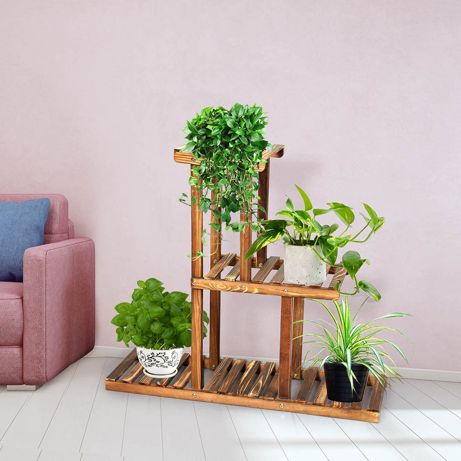 3-Tier Plant Stand Carbonized Pine Wood Flower Pot Garden Shelf Homecoze