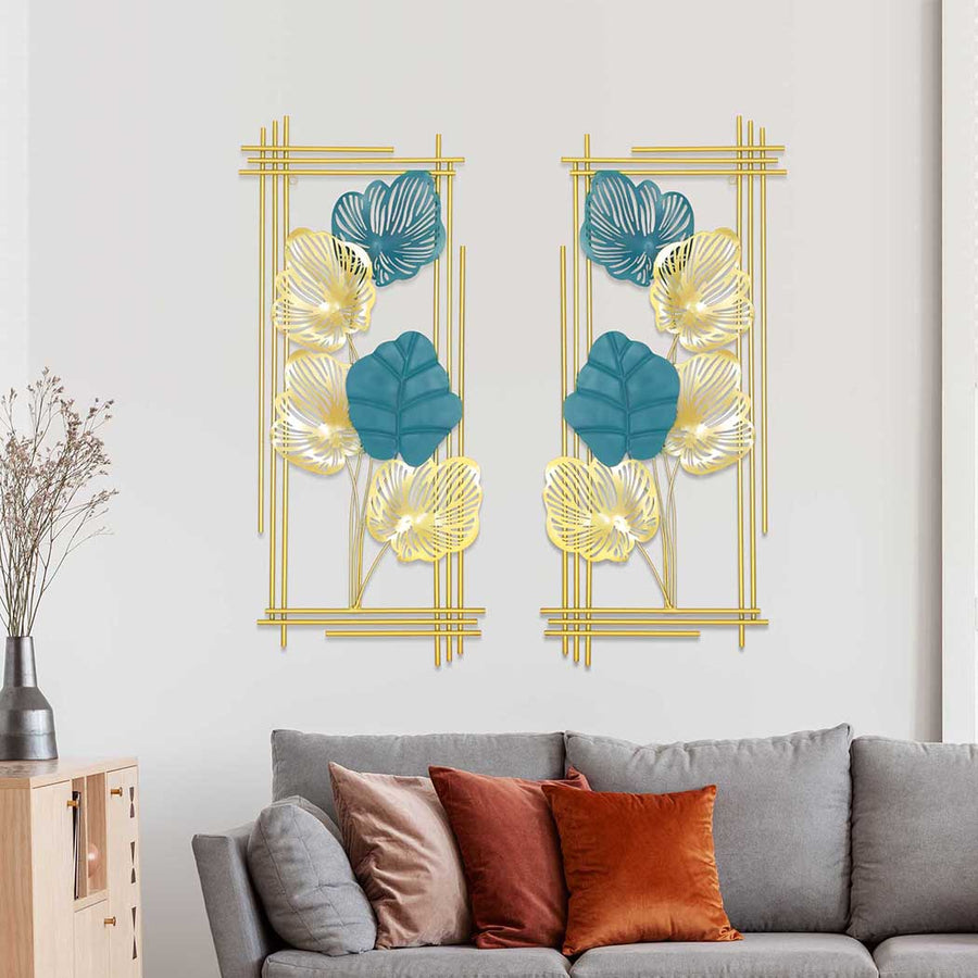 Large 'Tree Of Life' Gold & Blue Gilded Leaves Metal Wall Hanging (Pair) Homecoze