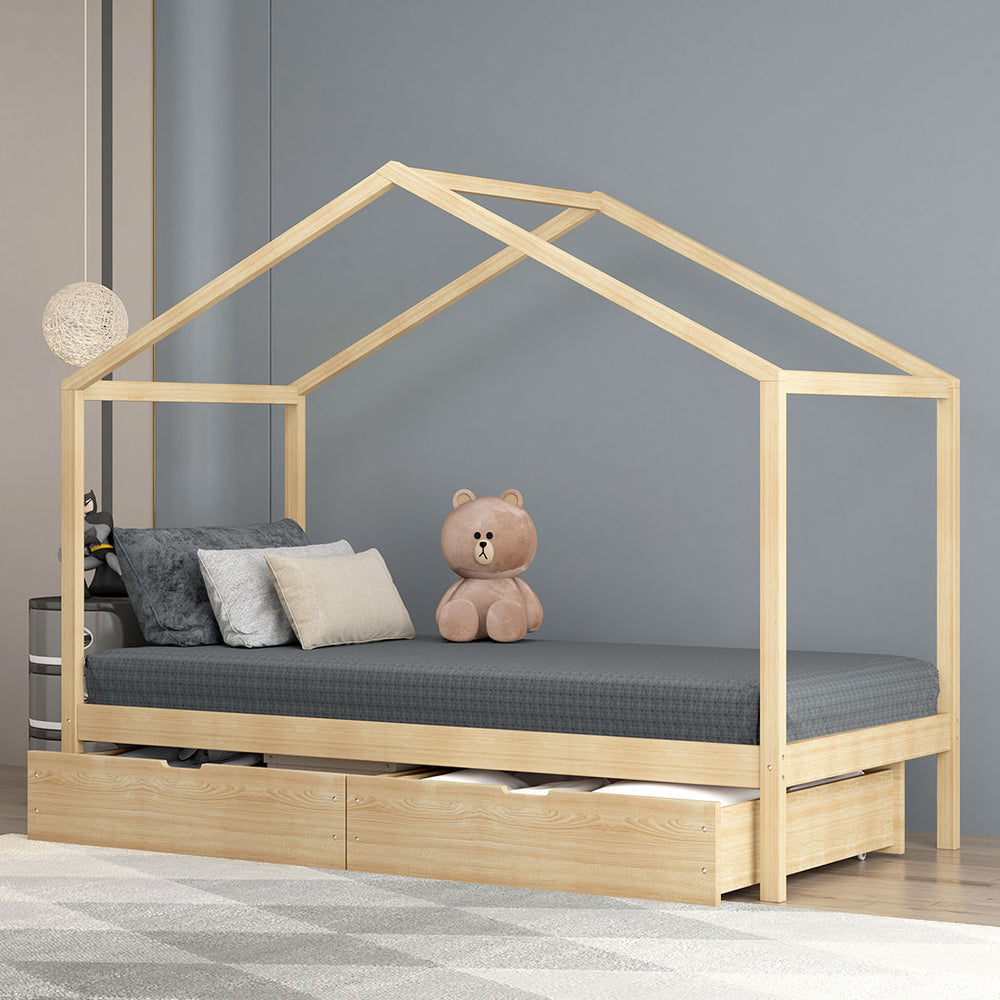 Kids Wooden House Single Bed Frame Montessori Bed with Storage Drawers - Natural Homecoze